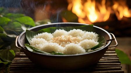 Sticky rice in a bowl on the table with fire background.の素材