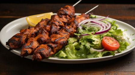 chicken kebab on skewers with salad on a wooden tableの素材