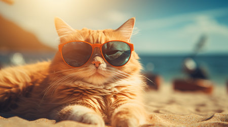 Cute ginger cat wearing sunglasses on the beach. Summer vacation concept.の素材