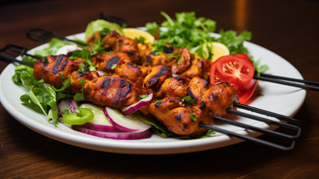 Chicken tikka kebab on skewers served with saladの素材