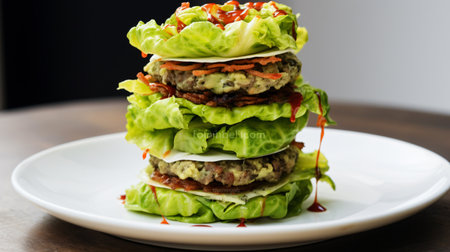 Lettuce salad with beef and tomato sauce on white plate.の素材