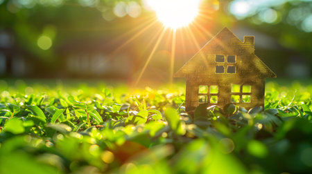 Little house on green grass with sunlight background. Real estate concept.の素材