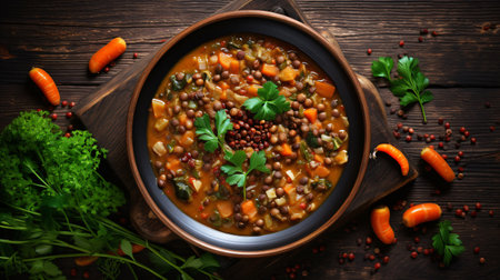 Lentil soup with carrot and parsley on a wooden backgroundの素材