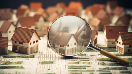 Real estate concept. House model and magnifying glass on money backgroundの素材