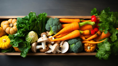 Fresh vegetables in a wooden box on a dark background. Top view.の素材