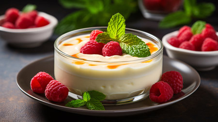 Vanilla pudding with raspberries and mint on a dark background. Selective focus.の素材