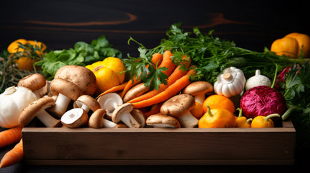 Fresh vegetables in wooden box on dark background. Healthy food concept.の素材