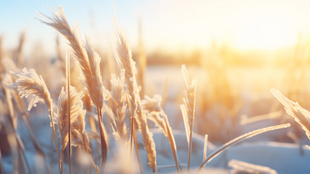 Winter landscape with frozen ears of grass on a background of blue skyの素材