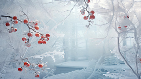 Winter background with snowflakes and rowan berries. 3d illustrationの素材