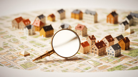 Magnifying glass on the map with miniature houses. Real estate concept.の素材