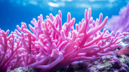 Beautiful pink coral on the blue background. Underwater world.の素材
