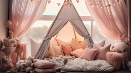 Baby room interior with pink tent and toys. Baby room design.の素材
