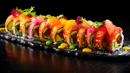 Sushi rolls with salmon, avocado, red caviar and wasabi on a black backgroundの素材