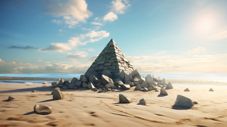 Pyramid of stones on the beach. 3d render illustration.の素材