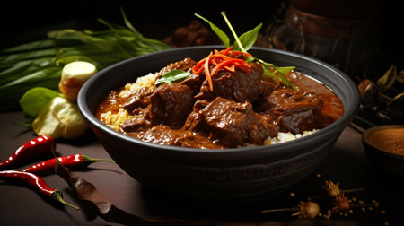 beef goulash with rice and vegetables on a dark backgroundの素材
