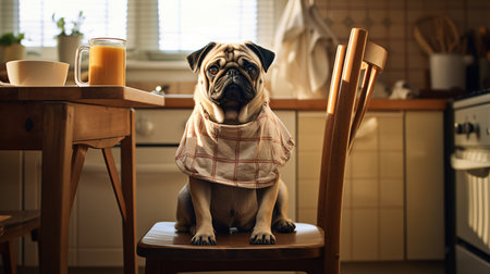 Cute pug dog in checkered shirt sitting on wooden chair in kitchenの素材