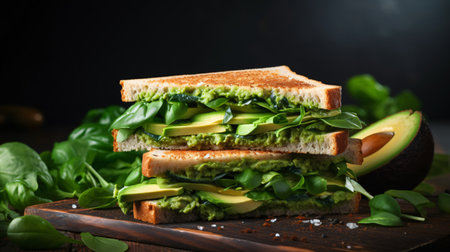 Avocado and spinach sandwich on a wooden board. Dark background.の素材