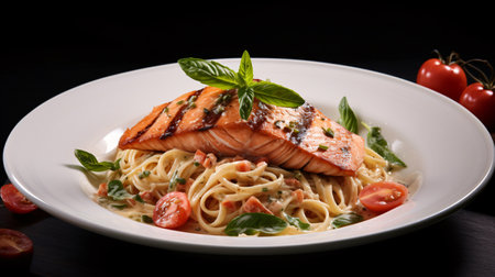 Plate of salmon pasta with tomato and basil on black background.の素材