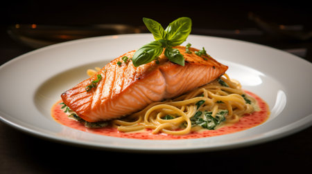 Spaghetti with salmon and basil on a white plate in a restaurantの素材