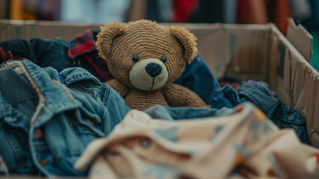 Closeup of teddy bear and clothes in a cardboard box.の素材