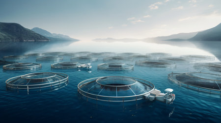 Futuristic landscape with sea and islands. 3d render illustrationの素材