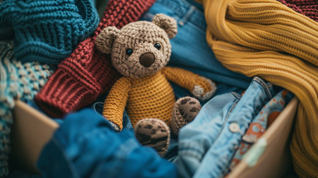 Pile of colorful knitted clothes and teddy bear in boxの素材