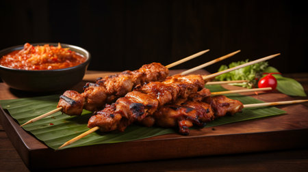 Grilled chicken satay with sweet and sour sauce on wooden backgroundの素材