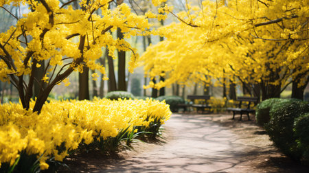 Yellow flowers blooming in the park. Spring season. Beautiful nature background.の素材