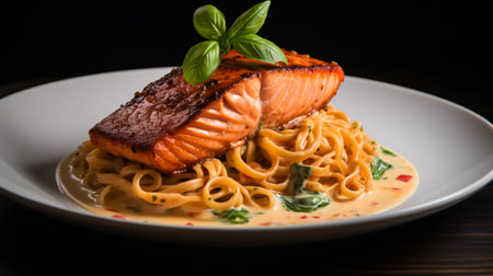 Spaghetti with salmon and basil on a white plate on a black backgroundの素材