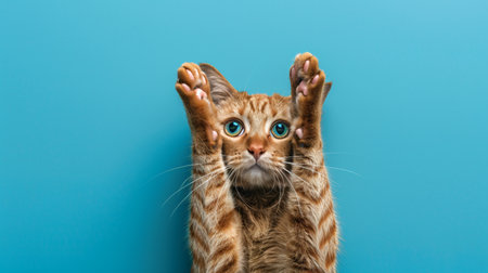 Funny ginger cat with blue eyes on blue background. Studio shot.の素材