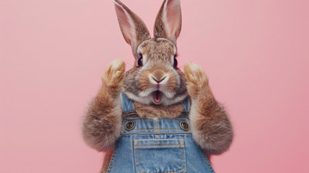 Rabbit in a denim overalls on a pink background. The concept of spring and Easter.の素材