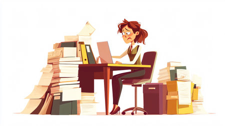Cartoon businesswoman sitting at the desk with a lot of work.の素材