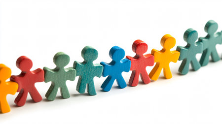 Wooden figures of people on a white background. Teamwork conceptの素材
