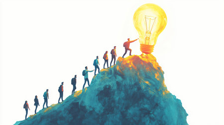 Group of business people walking on top of a mountain with a glowing lightbulb as a symbol of creativity.の素材