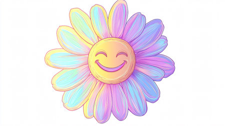 Cute cartoon flower with a happy smile on a white background.の素材