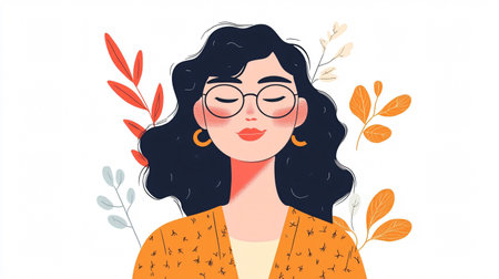 Vector illustration of a beautiful young woman with long black curly hair in glasses and a yellow shirt.の素材