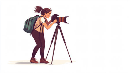 Young female photographer with camera on tripod isolated on white background. Vector illustrationの素材