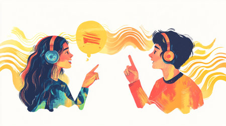 Two young women listening to music in headphones. Multicolored vector illustration.の素材