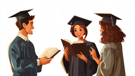 Group of students in graduation gowns reading books. Vector illustration.の素材