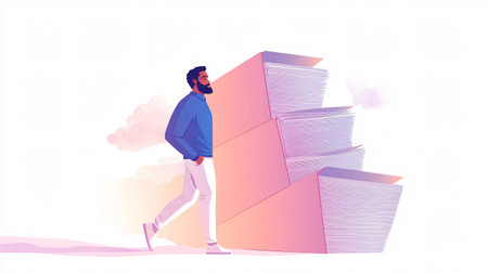 Businessman carrying pile of documents. Vector illustration in flat cartoon styleの素材