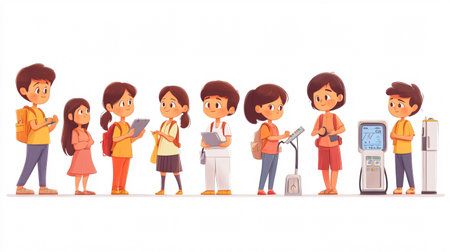 Group of children standing in queue. Vector illustration in cartoon style.の素材