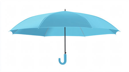 Blue umbrella isolated on white background. 3D rendering. Clipping path included.の素材