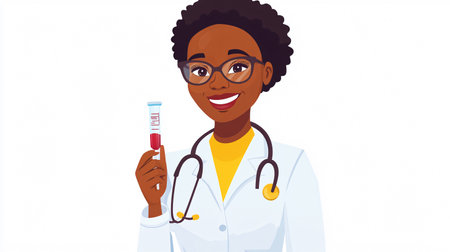 African american female doctor holding a test tube with blood sample. Vector illustration in cartoon style.の素材