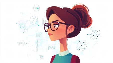 Young businesswoman with glasses and hand drawn graphs. Vector illustration.の素材