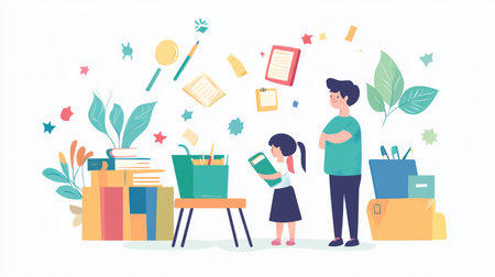 Back to school concept. Cute little girl and her mother with books. Vector illustration.の素材