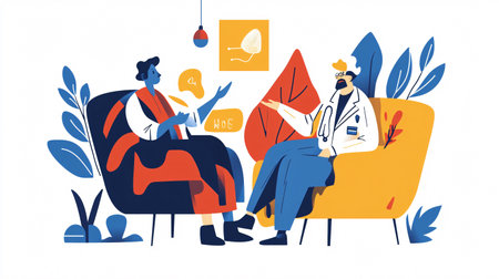 Psychotherapist working with patient. Flat vector illustration. Mental health concept for banner, website design or landing web pageの素材