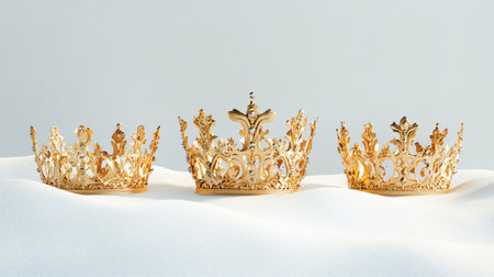 Three golden crowns on a white background. Selective focus.の素材
