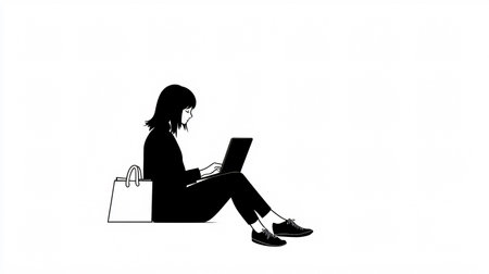 Silhouette of a woman sitting on the floor and using a laptopの素材