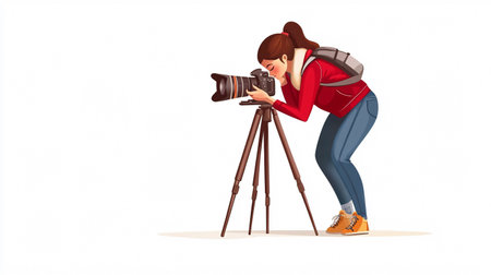Photographer girl with camera on tripod. Isolated on white background.の素材
