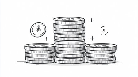 Stacks of coins on a white background. Vector illustration in sketch style.の素材
